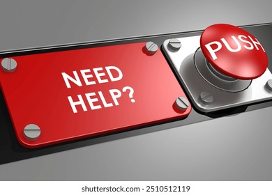 Red button with need help banner on the side, 3d rendering