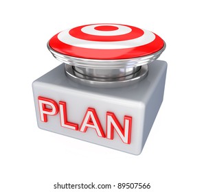Red button with a word PLAN.Isolated on white background. 3d rendered.