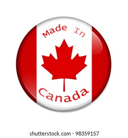 A red button with words made in Canada with a maple leaf isolated on a white background, Made in Canada button