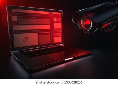 Red Camera Lense Scanning Computer For History Logs And Browsing Data. European Parliament Directive To Rectrict Use Of Internet Concept. 3D Rendering