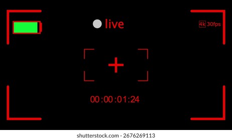 Red camera viewfinder interface with live indicator, battery, timer, and 4K 30fps on black. Clear details and vibrant colors enhance visual appeal.