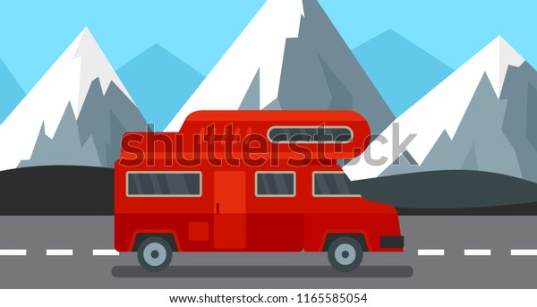 Red camp truck background. Flat\
illustration of red camp truck background for web\
design