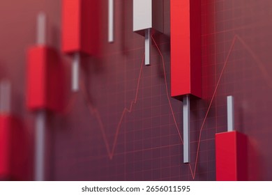 Red candlestick chart bars with a fluctuating line graph on a red grid background, representing stock market data analysis and trading concept. 3D Rendering