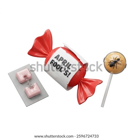A red candy and prank items are displayed to celebrate April Fools day Fun and playful for holiday-themed designs.