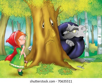 Red Cap Is Talking With The Big Bad Wolf In The Wood.