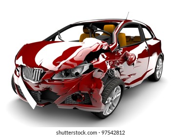 A Red Car In An Accident Isolated On A White Background