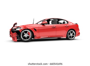 Red car crash on a white background isolated on a white background: 3D rendering