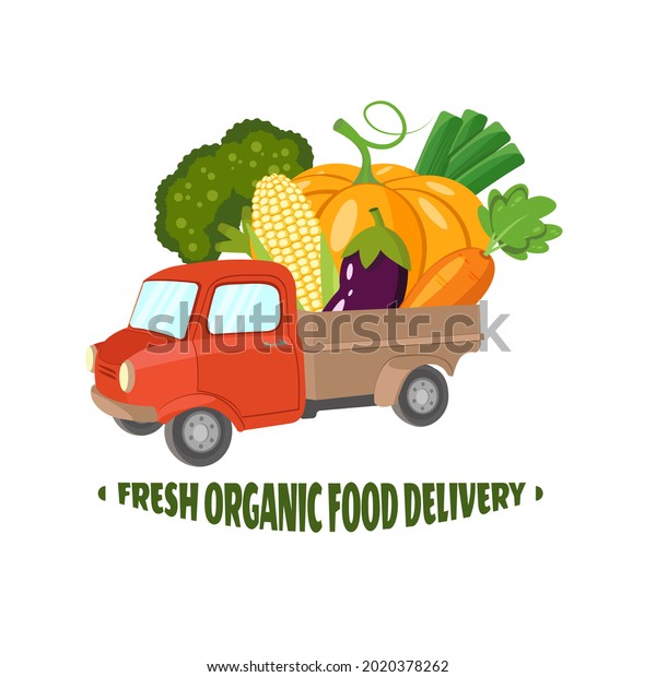 The red car delivers zucchini, corn, broccoli,\
leeks, eggplants, carrots from the farm. Agricultural ECO goods\
store. Express delivery. A modern truck delivering fresh food on\
time. Logo template.
