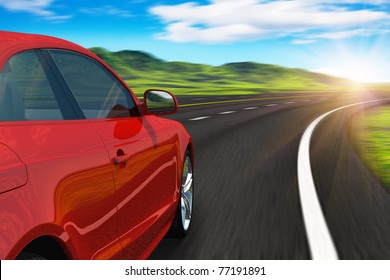 Red Car Driving By Autobahn In Sunset With Motion Blur