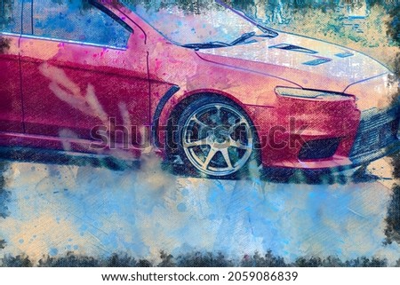 Red car driving on the road. The front of a fast moving car. Digital watercolor painting.  Modern art.