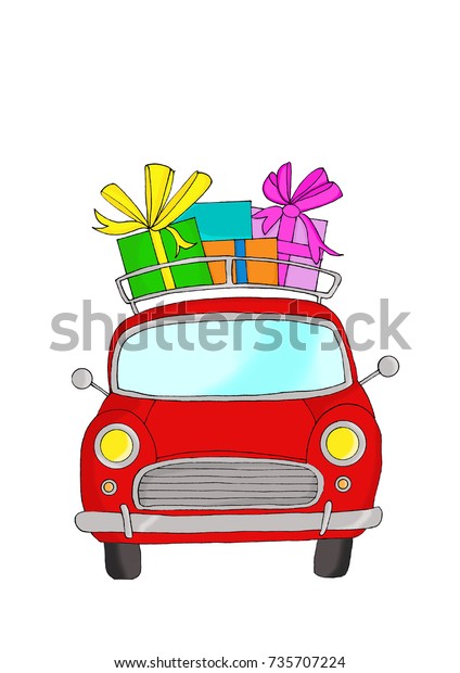 Red car and gifts, hand drawn fantasy car,\
digitally colored