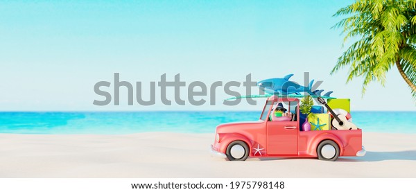 Red car with luggage and beach accessories\
ready for summer vacation. Creative summer concept idea with copy\
space 3D Render 3D\
illustration