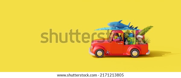 Red car with luggage and beach accessories\
ready for summer travel. Creative summer concept on yellow\
background 3D Render 3D\
illustration	