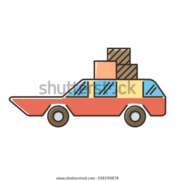 Red car with luggage and\
boxes icon. Flat illustration of red car with luggage and boxes \
icon for web