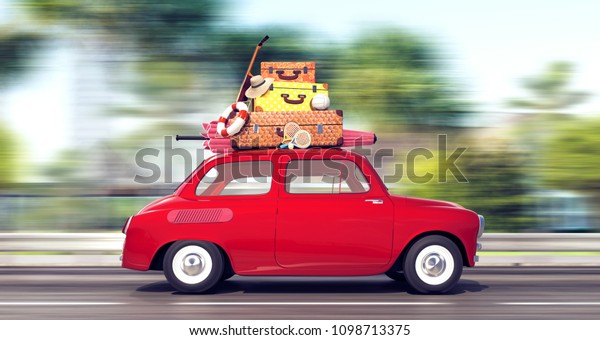 A red car with luggage on the\
roof goes fast on vacation 3D Rendering, 3D\
Illustration