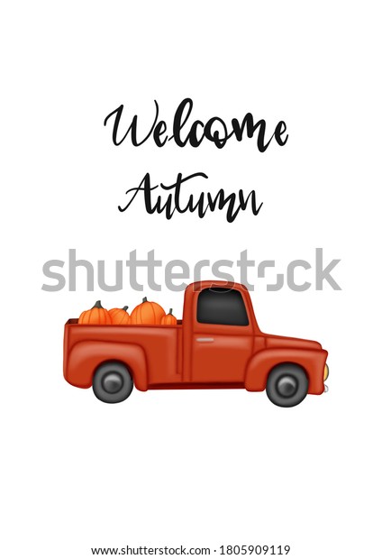 Red car with\
pumpkins, autumn poster isolated on a white background with the\
inscription. Welcome to\
autumn.