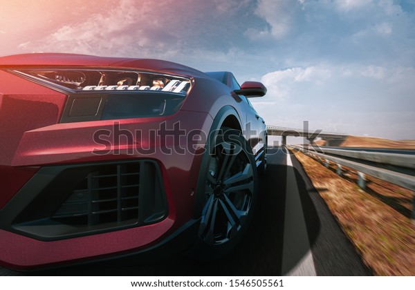 red\
car running on the road.3d render and\
illustration.