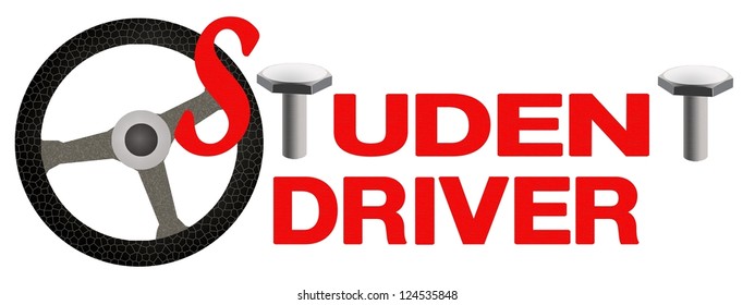 A Red Car Sticker with The Steering Wheel and Text "STUDENT DRIVER" for Driver Education or New Driver - Powered by Shutterstock