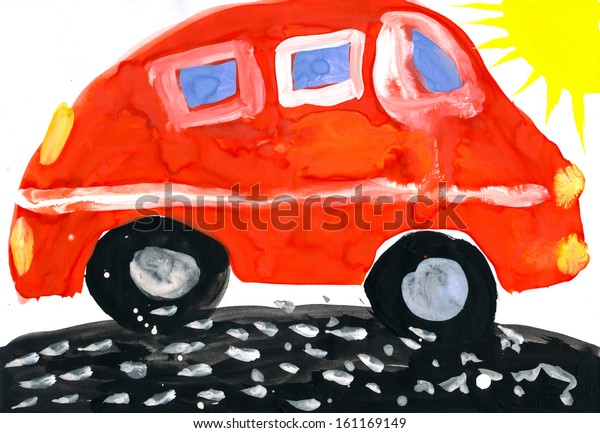 Red car and sun. Child\'s\
drawing. 