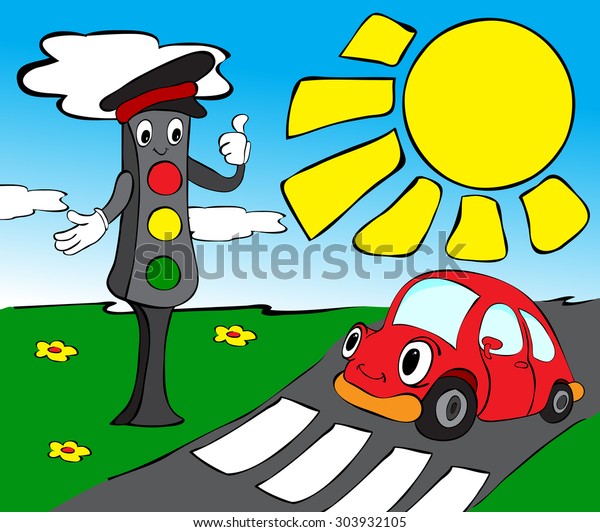 Red\
car and traffic lights. Funny illustration for\
kids