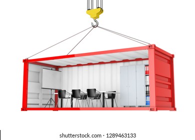 Red Cargo Shipping Container With Removed Side Wall Converted Into An Office During Transportation With Crane Hook On A White Background. 3d Rendering 