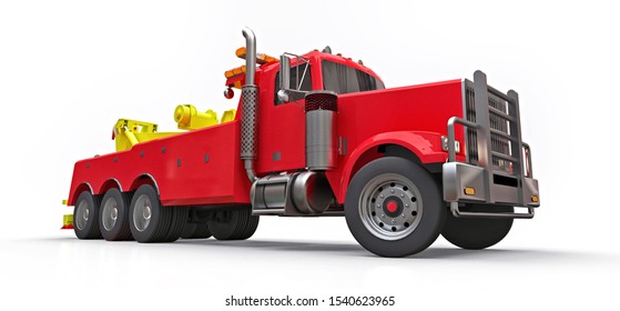 Red Cargo Tow Truck To Transport Other Big Trucks Or Various Heavy Machinery. 3d Rendering.