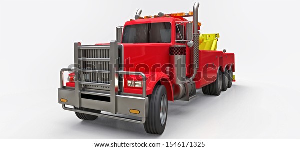 Red cargo tow truck to transport\
other big trucks or various heavy machinery. 3d\
rendering.