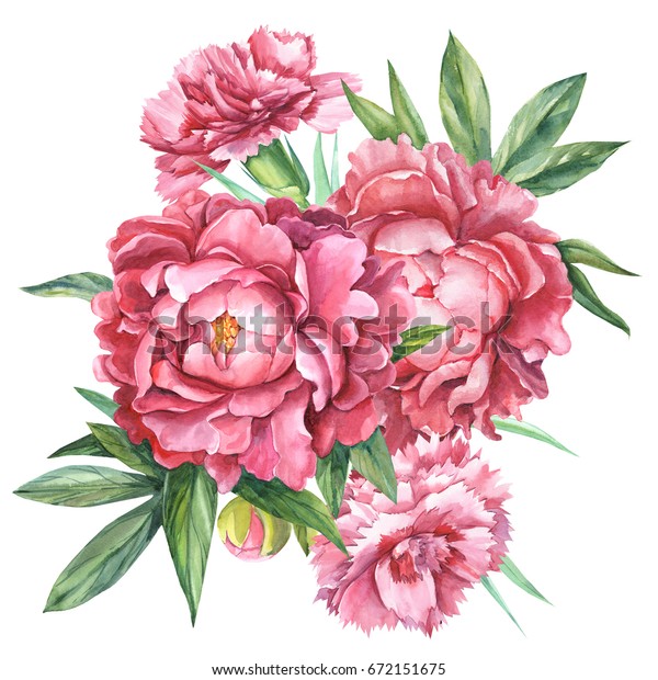 赤いカーネーションと牡丹 花束 白い背景に植物イラスト 水彩手描き のイラスト素材