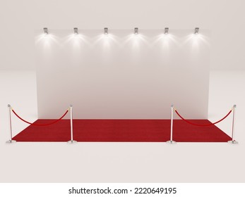 Red Carpet Backdrop Mockup With Lighting Projectors. 3D Rendering Illustration