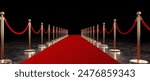 Red carpet between golden stanchions leading  vip event dark background 3d