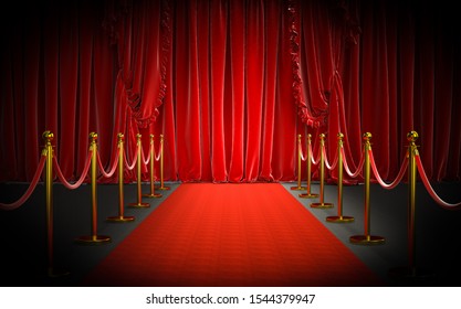 red carpet and gold barriers with red rope and large curtains at the entrance. concept of luxury and exclusivity. 3d image render