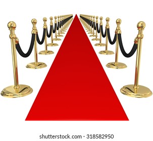 Red Carpet And Line Of Gold Stanchions With Velvet Ropes To Illustrate Welcome, Arrival Or Invitation To An Important, Exclusive Vip Party Or Event