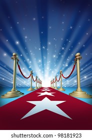 Red Carpet To The Movie Stars With An Entertainment Theater Design Background With Gold Roped Barriers And Radiating Spot Lights With Shiny Sparkles As An Important Event With Cinematic Fun.