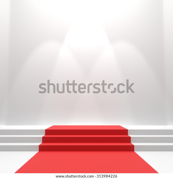 Red carpet\
on stairs. Empty white illuminated podium. Blank template\
illustration with space for an object, person, logo, text.\
Presentation, gala, ceremony, awards\
concept.