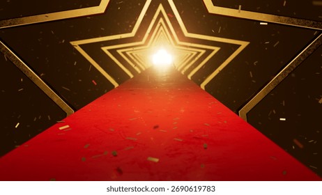 Camino de alfombra roja que se extiende a través de un túnel de estrellas doradas brillantes, que simbolizan un viaje hacia el éxito, la fama y el reconocimiento, con confeti que celebra un logro o evento de premio. Representación 3D