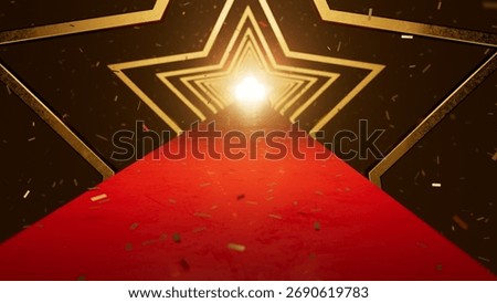 Red carpet path extending through a tunnel of glowing golden stars, symbolizing a journey towards success, fame, and recognition, with confetti celebrating an achievement or award event. 3d rendering