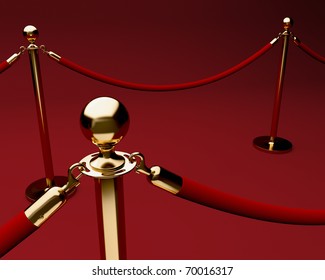 Red Carpet With Velvet Rope Barrier And Shiny Brass Stanchions