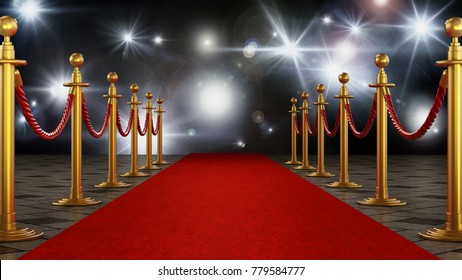 Red carpet and velvet ropes on gala night background. 3D illustration.