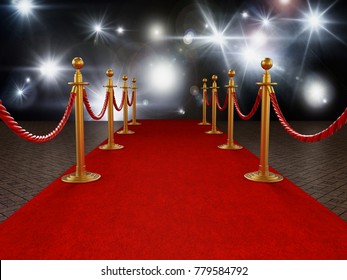 Red carpet and velvet ropes on gala night background. 3D illustration.