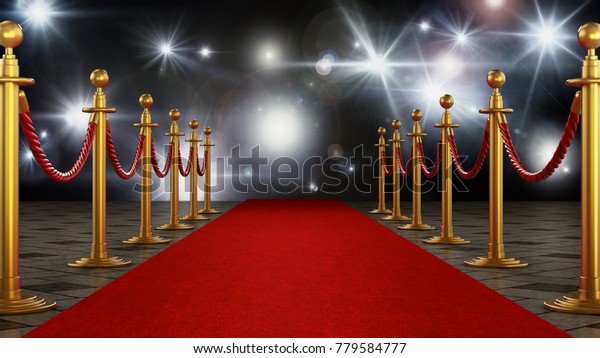 Red carpet and velvet ropes on gala night
background. 3D
illustration.