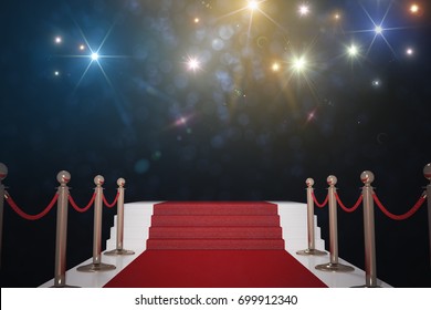 Red Carpet For VIP. Flash Lights In Background. 3D Rendered Illustration.