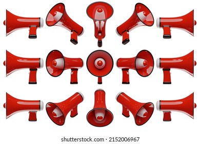 Red  Cartoon Loudspeaker From All Sides On A White Monochrome Background. 3d Illustration Of A Megaphone. Advertising Symbol, Promotion Concept.