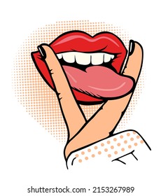 Red Cartoon Pop Comic Lips With Tongue.Clip Art With Fingers Letter V Hand Gesture.Victory Symbol.Tongue Sticking Out Of Mouth.Woman Halftone Dots Face Drawing.T Shirt Print Design. Cricut Plotter Cut