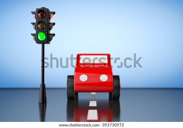 Red Cartoon Toy Car with Traffic Light on a\
blue background. 3d\
rendering