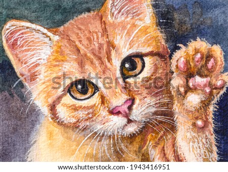 Red cat give a paw. Cute Kitten face. Home pet. Watercolor painting. Acrylic drawing art. Hand painted drawing on real watercolor paper.