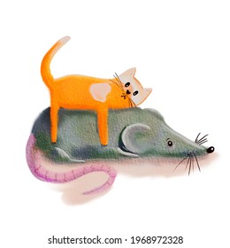 A red cat is lying on a large gray rat