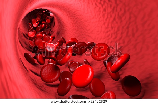 Red cells in blood\
stream, 3D rendering