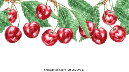 Red cherry branch with green leaf. Seamless border. Juicy hand drawn watercolor illustration. Food art, fresh botanical realistic painting. Summer berry clipart for menu, farm goods, vegan product - Powered by Shutterstock