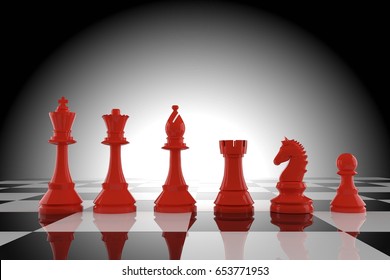 Red Chess Figures On Board In 3d Rendering