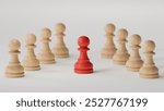 RED chess pawn pieces or leader businessman stand out of crowd people of silver men. leadership, business, team, teamwork and Human resource management concept.3D rendering on white background.
